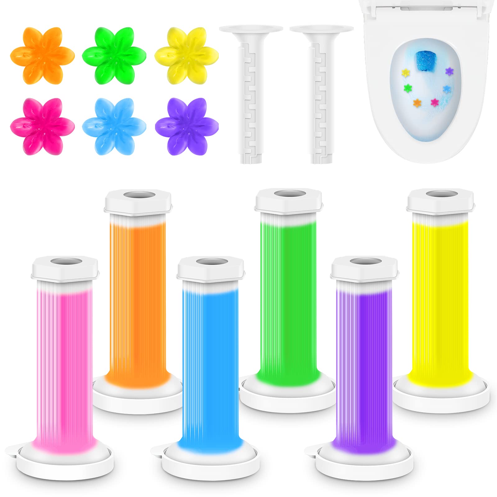 ZENUTA 6Pcs Toilet Bowl Cleaner, 6 Kinds of Scent Toilet Cleaner Gel Stamp Kit for Bathroom Clean, Flower Toilet Gel Stamp,Toilet Stamp Cute Shape Includes Dispenser and Gel