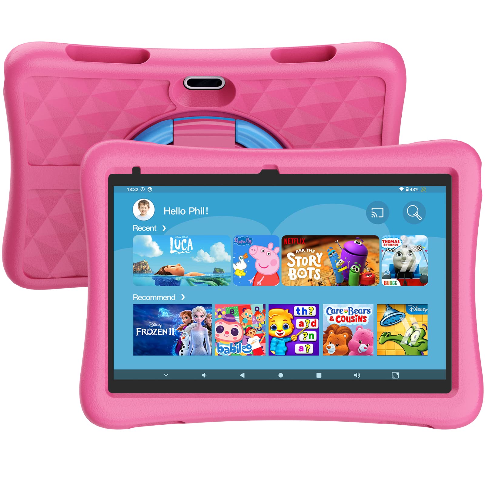 KYASTER Kids Tablet, 10 inch HD Android 12 Toddler Tablets, Quad Core 1.8Ghz, 2GB DDR4, 7000mAh Battery, Dual Box Speakers, Parental Controls Games Learning Apps, EVA Shockproof Case