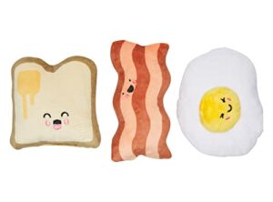 pearhead barkfast dog toys, set of 3, plush pet squeaker toys, breakfast dog toy set, toast bacon & egg toy set, must have pet accessories for pet owners