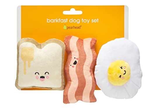 Pearhead Barkfast Dog Toys, Set of 3, Plush Pet Squeaker Toys, Breakfast Dog Toy Set, Toast Bacon & Egg Toy Set, Must Have Pet Accessories for Pet Owners