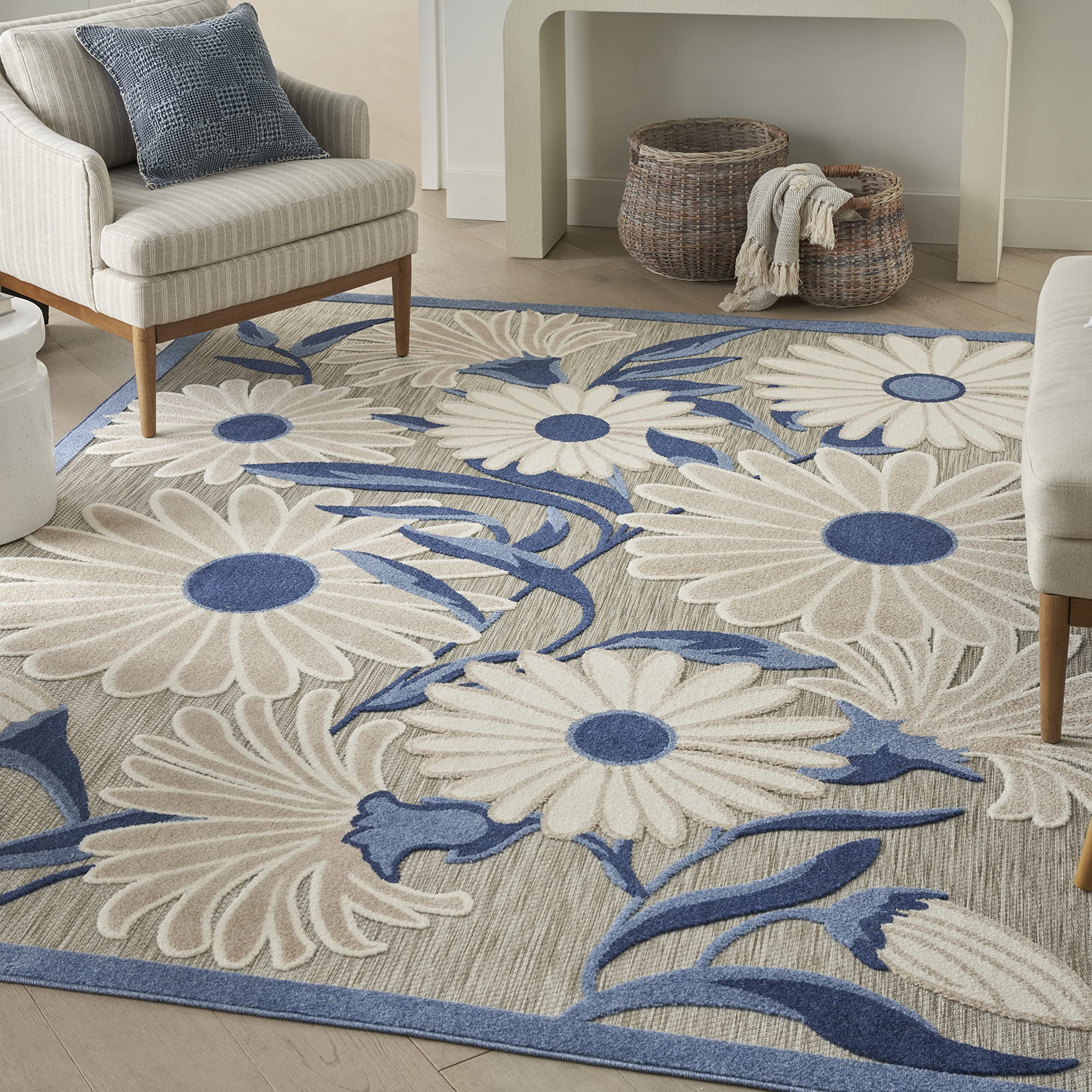 Nourison Aloha Indoor/Outdoor Blue/Grey 3'6" x 5'6" Area Rug, Easy Cleaning, Non Shedding, Bed Room, Living Room, Dining Room, Kitchen (4x6)