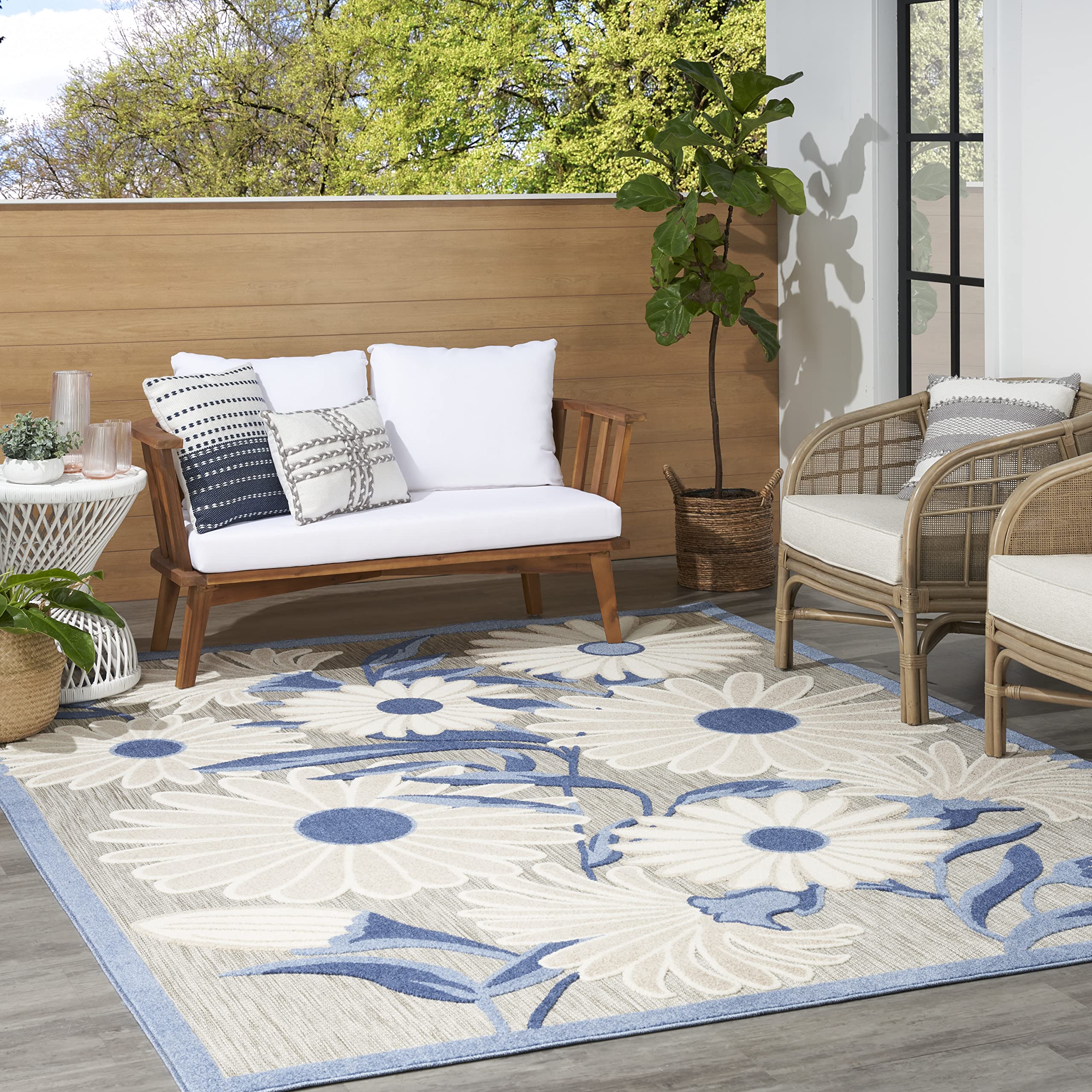 Nourison Aloha Indoor/Outdoor Blue/Grey 3'6" x 5'6" Area Rug, Easy Cleaning, Non Shedding, Bed Room, Living Room, Dining Room, Kitchen (4x6)