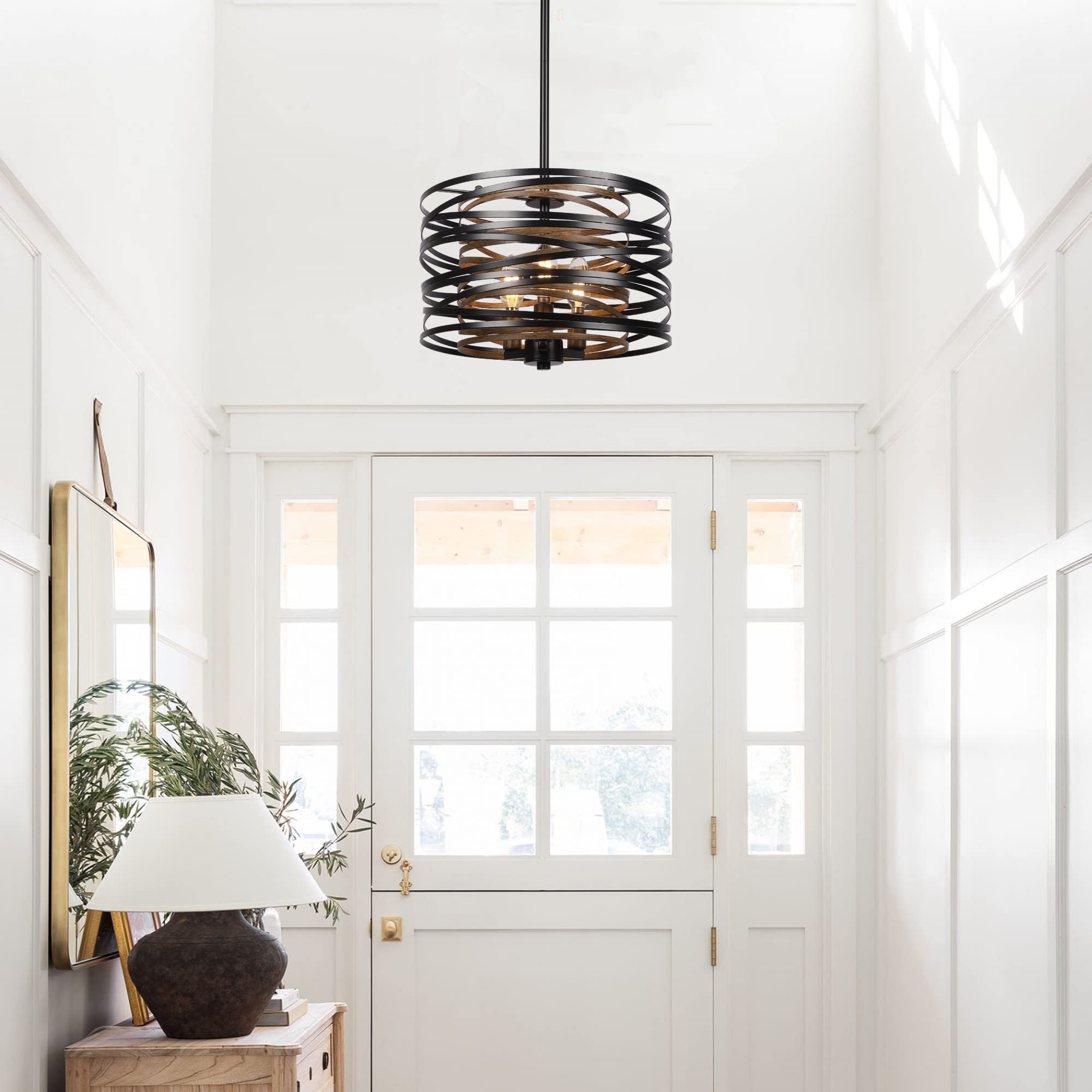 12.6'' Farmhouse Chandeliers for Dining Room, 3-Light Industrial Metal Hanging Light Fixture, Rustic Drum Pendant Light for Entryway Kitchen Foyer Bedroom, Black with Retro Wood Texture Interior