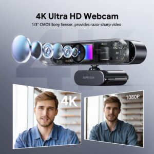 DEPSTECH Webcam 4K, Zoomable Webcam with Microphone and Remote, Equipped with Sony Sensor, 3X Digital Zoom, Noise-Canceling Mics, Auto-Focus Computer Camera for PC/Mac/Laptop/Zoom/Teams/OBS/Google