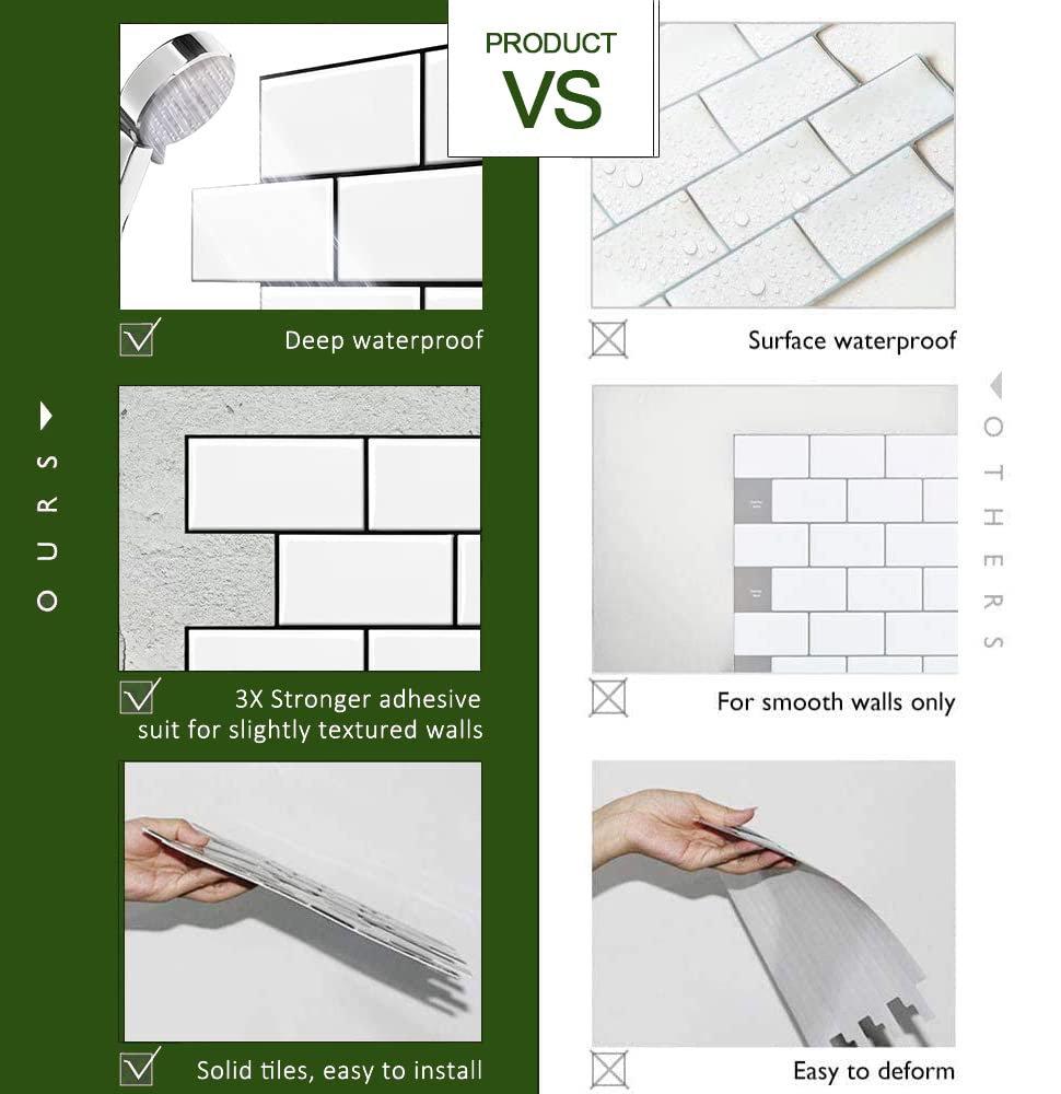 STICKGOO 10-Sheet Backsplash Peel and Stick Subway Tile, Self Adhesive Vinyl Wall Tiles, Stick on Backsplash for Kitchen and Bathroom(Thicker Design, White with Black Grout)