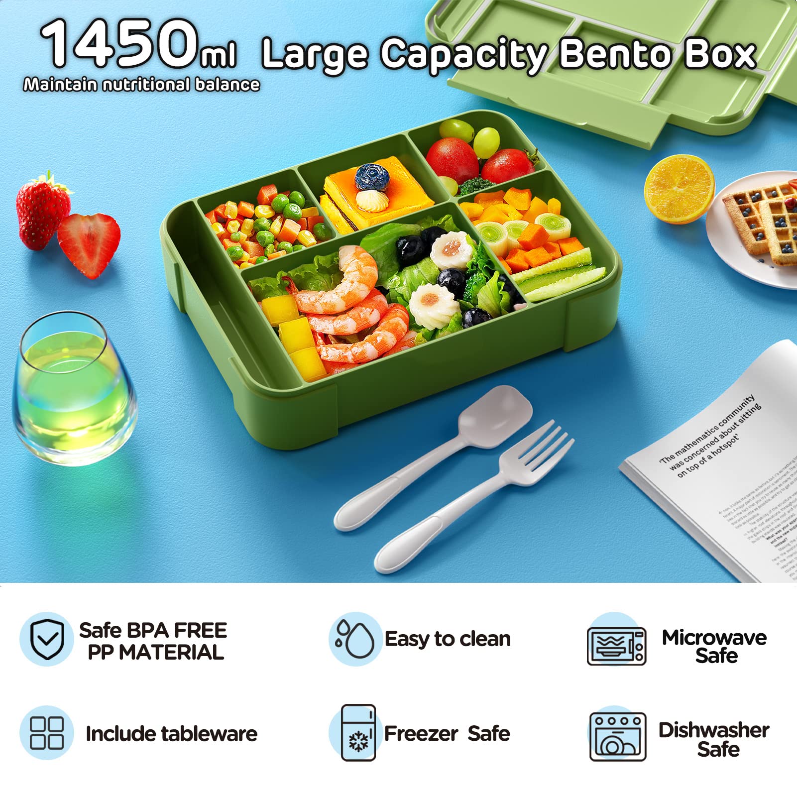 Jelife Bento Box Kids Lunch Box - 1450ml Large Leakproof 6 Compartments Kids Lunchbox Toddler Bento Box with Utensils for School, Book-Style Reusable Lunch Snack Containers for Daycare