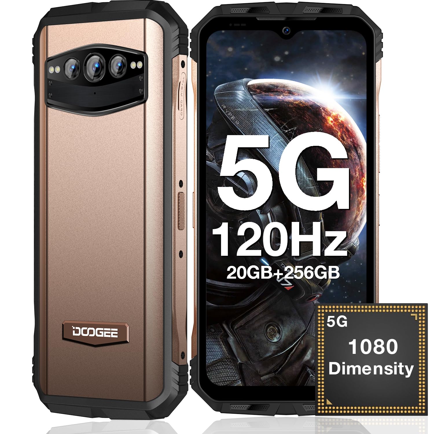 DOOGEE V30T 5G Unlocked Smartphone, 6.58-Inch FHD+ 120Hz Display, 108MP Flagship Camera, 20GB RAM, 256GB Storage, 10800mAh Battery, Rugged Gold