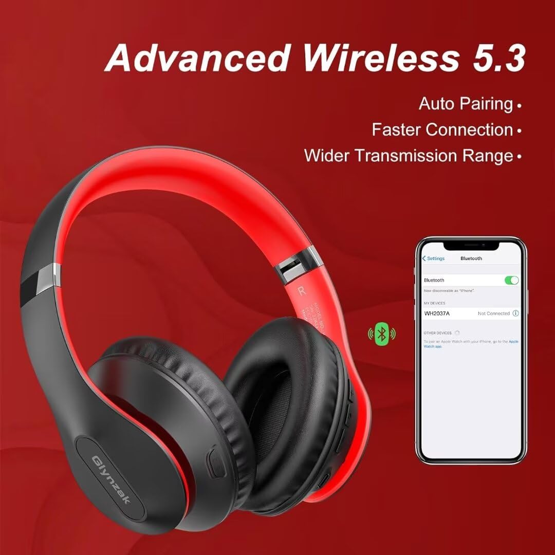 Glynzak Wireless Bluetooth Headphones Over Ear 65H Playtime HiFi Stereo Headset with Microphone and 6EQ Modes Foldable Bluetooth V5.3 Headphones for Travel Smartphone Computer Laptop