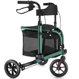 walk mate 3 wheel rollator walker with seat for slim seniors, padded backrest lightweight foldable walker ideal for elderly, 8 inch tri-wheel modern mobility walking aid aluminum, green