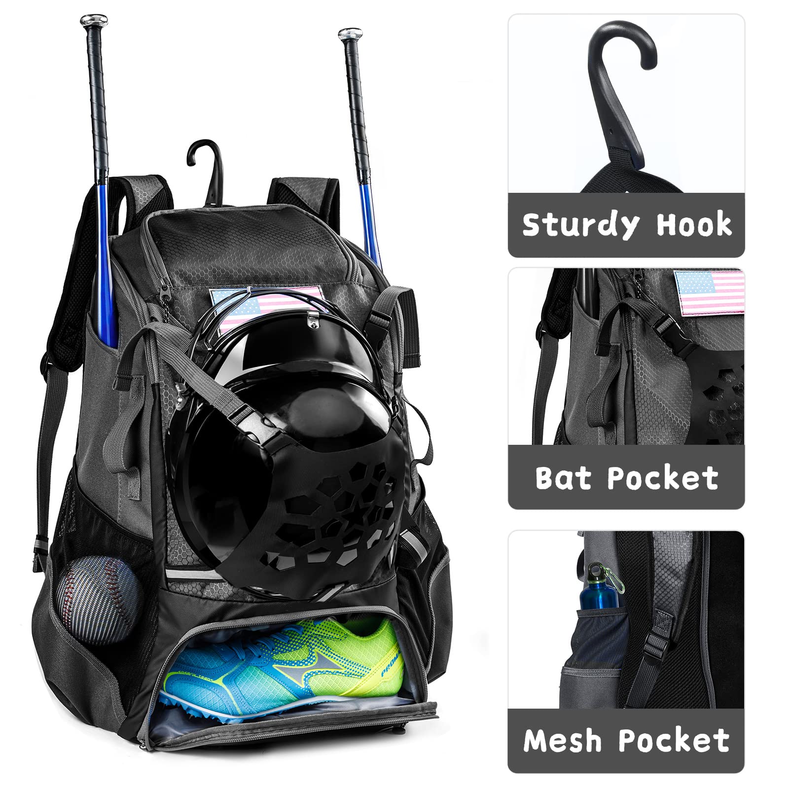 VIGEGARI Youth Baseball Bag, Baseball Backpack for Boys,Youth, Adults-Bat Bag, Softball Bag, T-Ball, Softball Equipment & Accessories for Bat, Glove Holder, Helmet, Shoes Compartment, Baseball Gifts