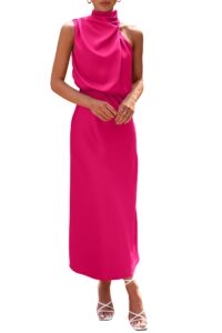 prettygarden women's 2024 summer satin dress elegant sleeveless mock neck cocktail party maxi dresses (rose red,small)