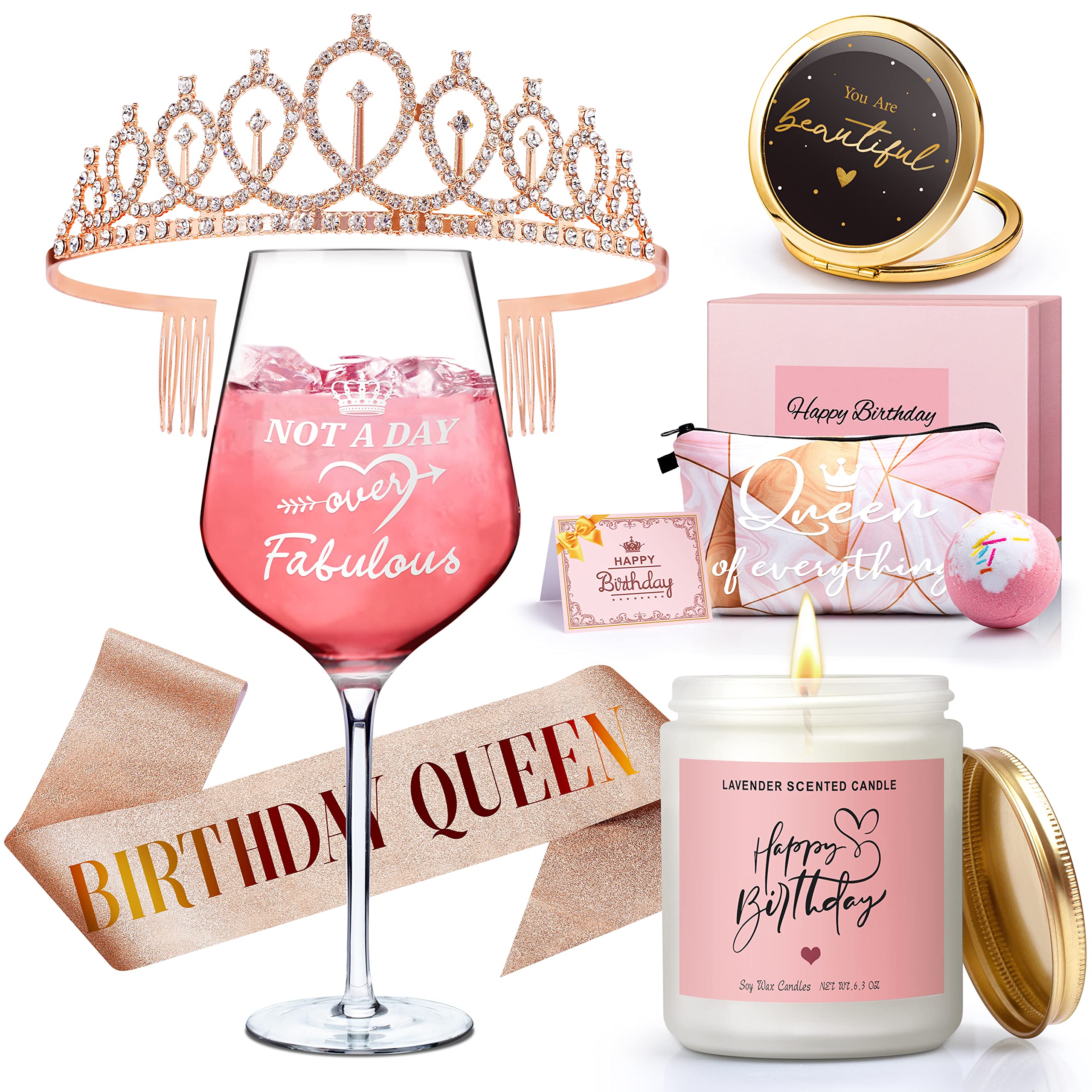 Birthday Gifts for Women, Happy Birthday Gift Basket for Women Gift Set for Best Friends Female Women Sister Mom Wife Coworker Bestie Birthday Decorations with Candles Tiara Sash, Rose