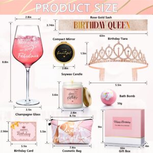 Birthday Gifts for Women, Happy Birthday Gift Basket for Women Gift Set for Best Friends Female Women Sister Mom Wife Coworker Bestie Birthday Decorations with Candles Tiara Sash, Rose