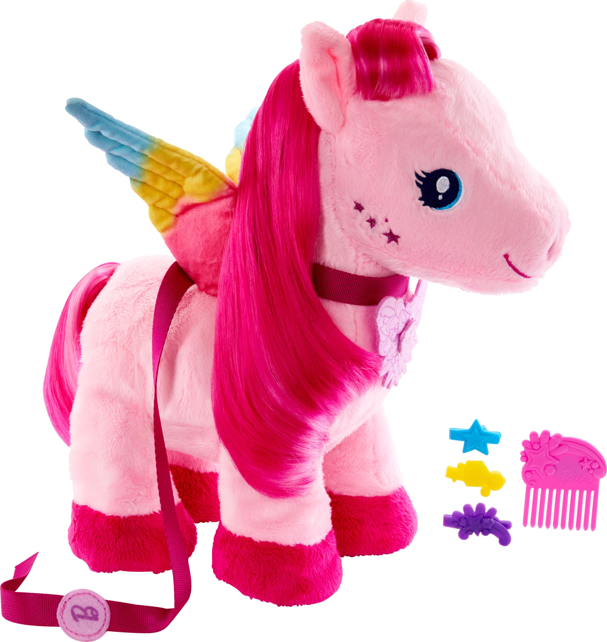 Barbie A Touch of Magic Stuffed Animals, Walk & Flutter Pegasus Plush, 11-Inch Walking Plushie with Hair Accessories and Sound Feature