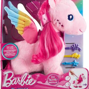 Barbie A Touch of Magic Stuffed Animals, Walk & Flutter Pegasus Plush, 11-Inch Walking Plushie with Hair Accessories and Sound Feature