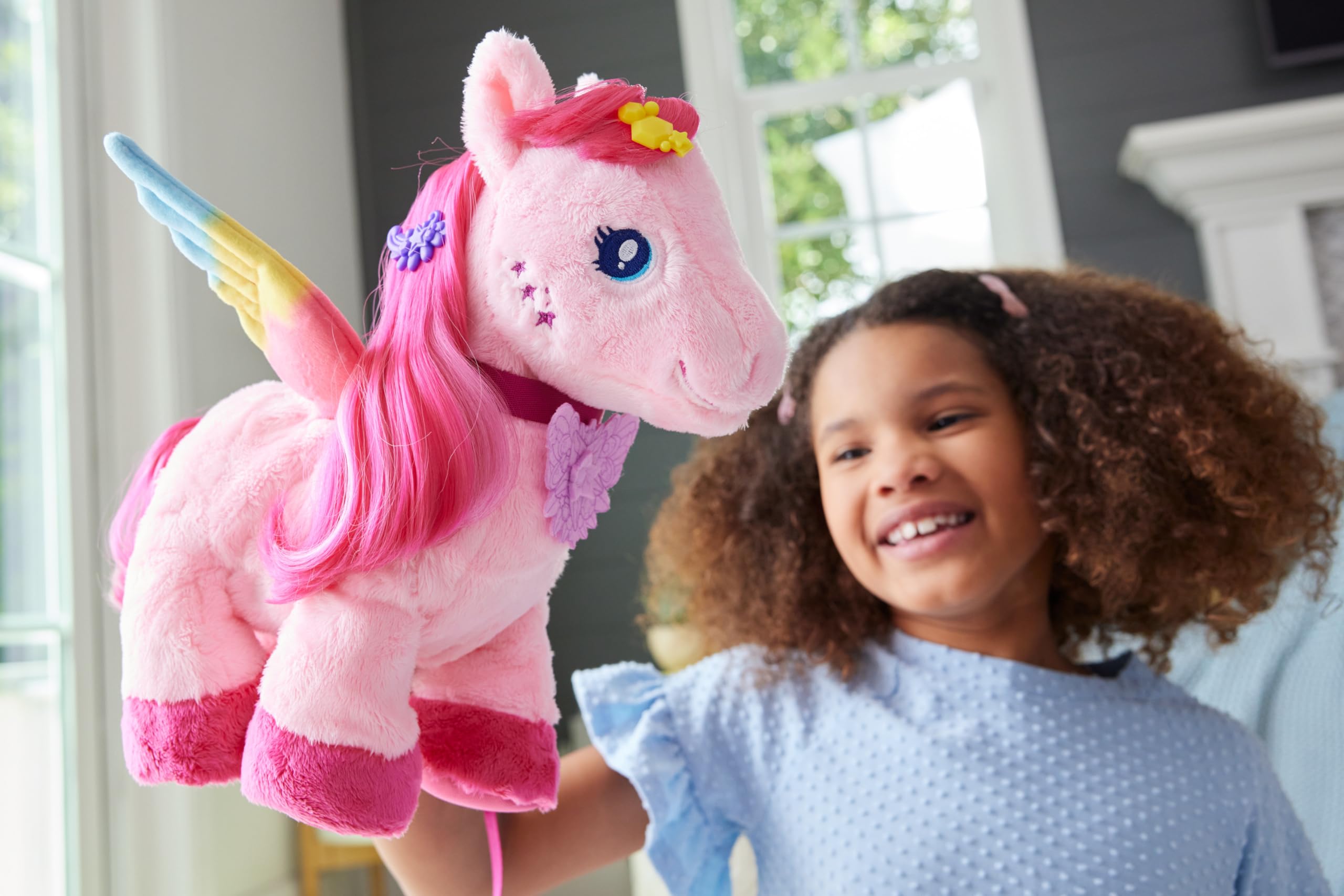 Barbie A Touch of Magic Stuffed Animals, Walk & Flutter Pegasus Plush, 11-Inch Walking Plushie with Hair Accessories and Sound Feature