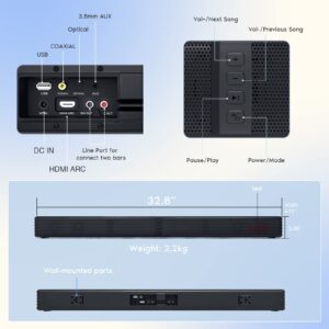 GEOYEAO Sound Bar, Bass Speakers for Smart TV with Dual Subwoofer 3D Surround Sound System, 32 Inch 2.2CH Home Theater Audio Soundbar, HDMI ARC Connection, 2 in 1 Detachable & Wall Mountable