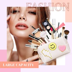 9 Pieces Preppy Patch Makeup Bag Chenille Letters Cosmetic Bag Smile Lightning Heart Pu Leather Portable Waterproof Toiletry Bag Travel Makeup Bag for Women (Gold, Smile, Lightning, Heart)