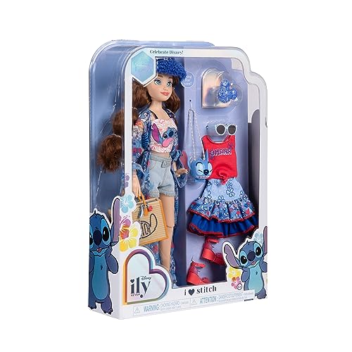 Disney ily 4EVER Dolls Disney 100 - Stitch 11.5" Tall with 13 Points of Articulation, Two Complete Mix-and-Match Outfits and Glittery Mickey Ring for You!