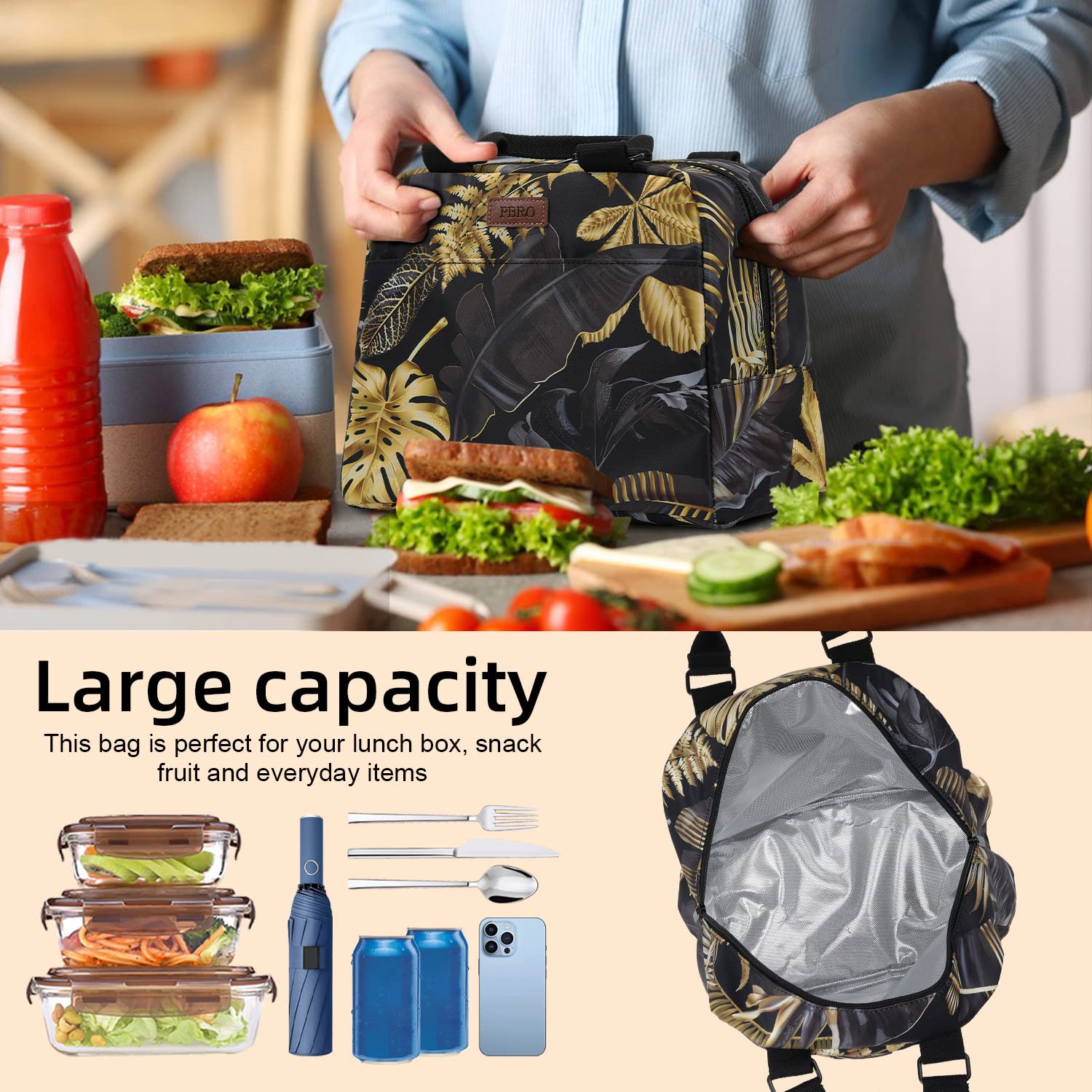 PBRO Insulated Lunch Bag for Women/Men,Reusable Lunch Tote with Adjustable Shoulder Belt,Cute Tropical Plant Leaves Portable Lunch Box Cooler Bag,Perfect for Travel Picnic,Office,Working -Gold