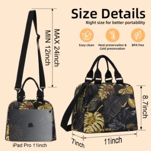 PBRO Insulated Lunch Bag for Women/Men,Reusable Lunch Tote with Adjustable Shoulder Belt,Cute Tropical Plant Leaves Portable Lunch Box Cooler Bag,Perfect for Travel Picnic,Office,Working -Gold