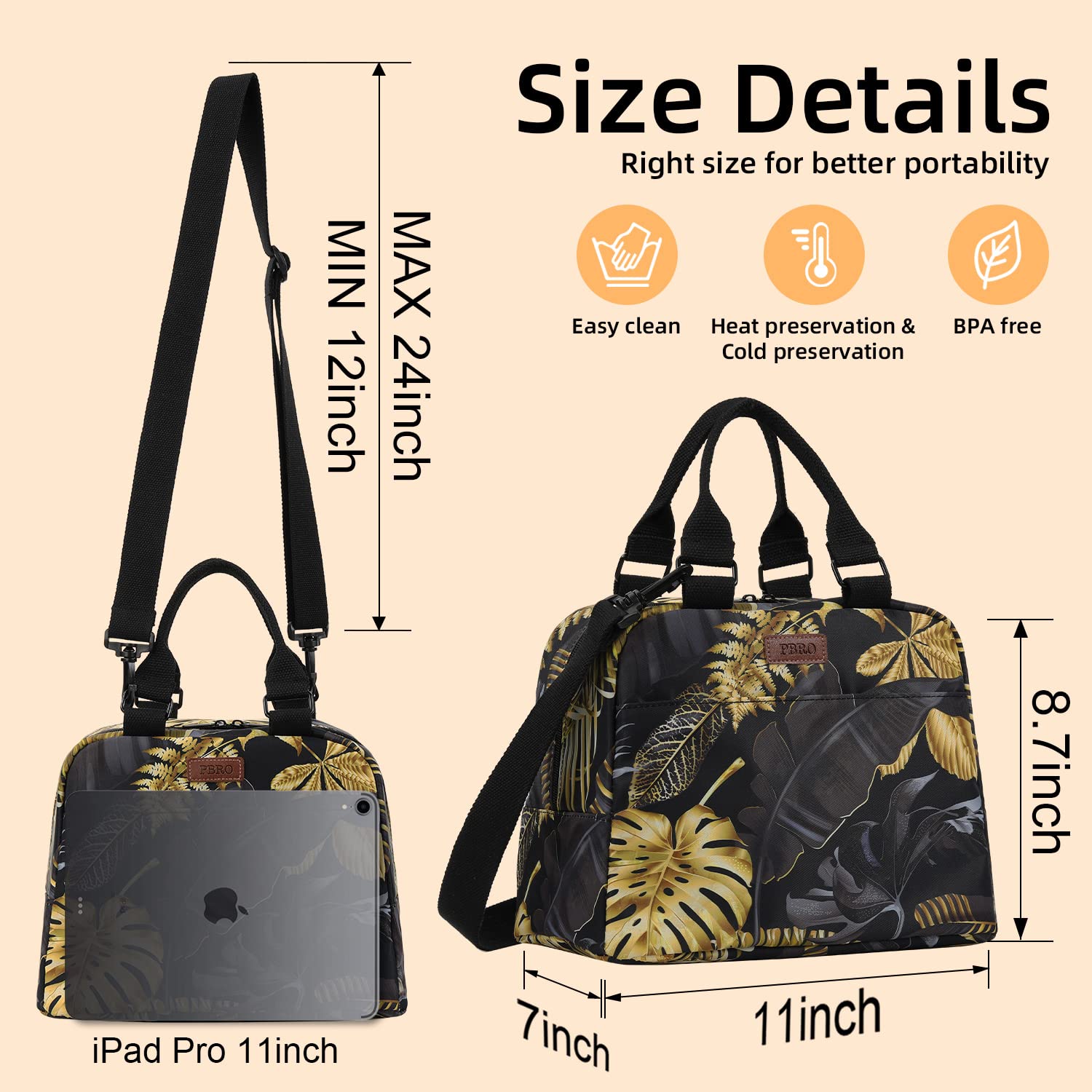 PBRO Insulated Lunch Bag for Women/Men,Reusable Lunch Tote with Adjustable Shoulder Belt,Cute Tropical Plant Leaves Portable Lunch Box Cooler Bag,Perfect for Travel Picnic,Office,Working -Gold