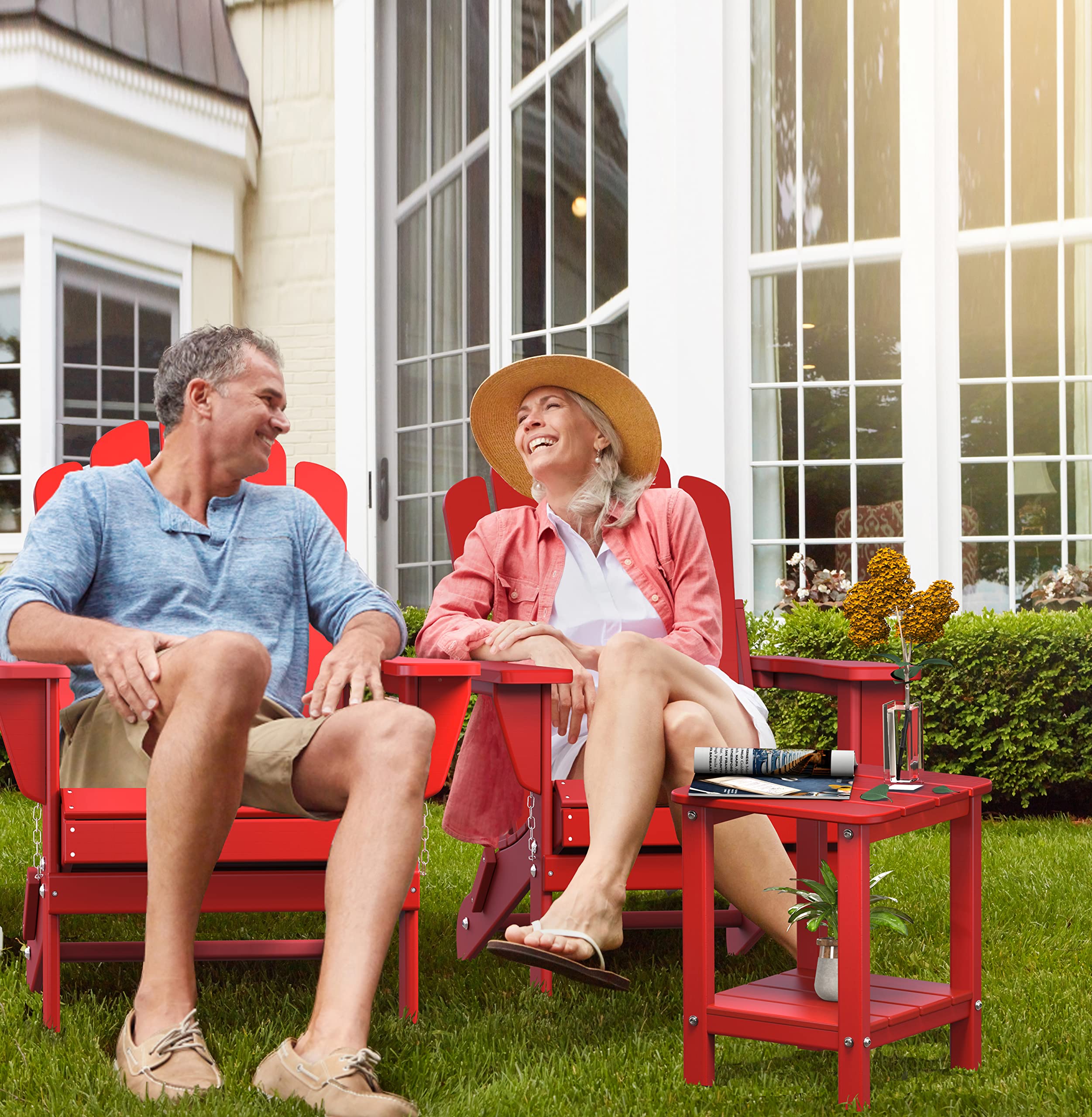 Aoorun Outdoor Adirondack Side Table, adirondack table plastic, 2-Tier (13.9" D x 13.5" W x 17.3" H) - Red