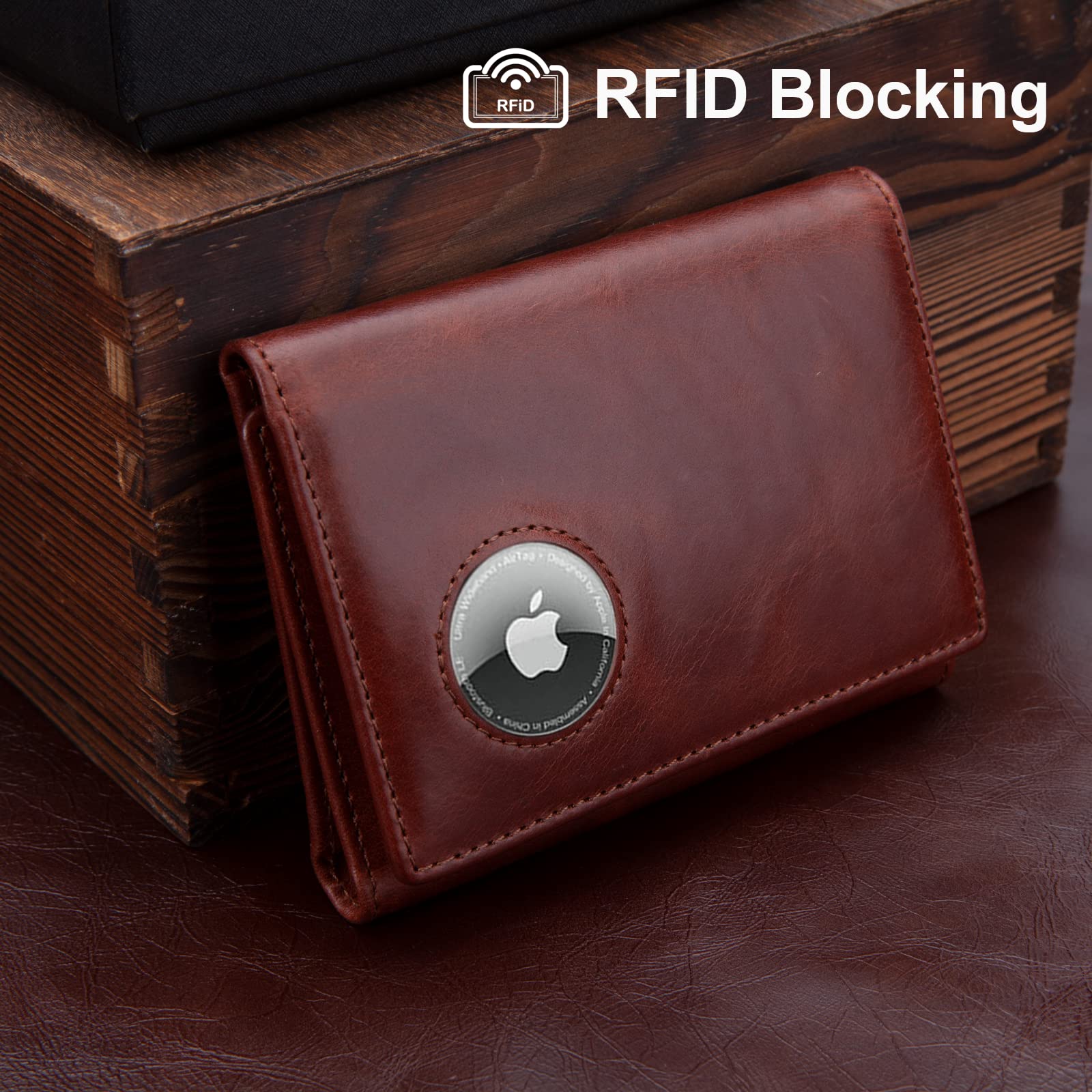 HLHGR Trifold AirTag Wallet Men,Wallet with Air Tag Holder Genuine Leather RFID Blocking Wallet for Apple Airtag Brown (Apple Airtag Not included)