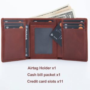 HLHGR Trifold AirTag Wallet Men,Wallet with Air Tag Holder Genuine Leather RFID Blocking Wallet for Apple Airtag Brown (Apple Airtag Not included)