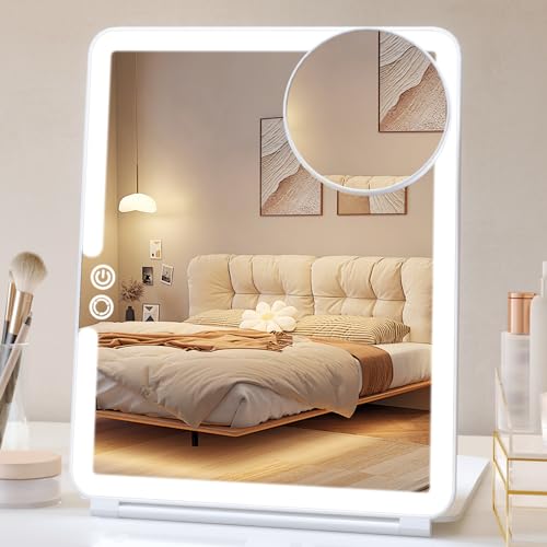 FUNTOUCH 1800mAh Rechargeable Large Travel Makeup Mirror, 10x7.5 Portable Lighted Makeup Mirror with 10X Magnifying Mirror 3 Color Lights, Touch Screen Dimming Folding Light Up Mirror for Travel