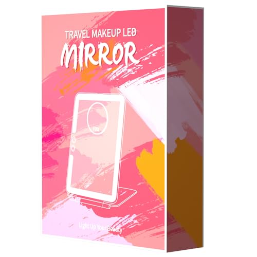 FUNTOUCH 1800mAh Rechargeable Large Travel Makeup Mirror, 10x7.5 Portable Lighted Makeup Mirror with 10X Magnifying Mirror 3 Color Lights, Touch Screen Dimming Folding Light Up Mirror for Travel