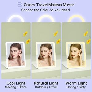 FUNTOUCH 1800mAh Rechargeable Large Travel Makeup Mirror, 10x7.5 Portable Lighted Makeup Mirror with 10X Magnifying Mirror 3 Color Lights, Touch Screen Dimming Folding Light Up Mirror for Travel