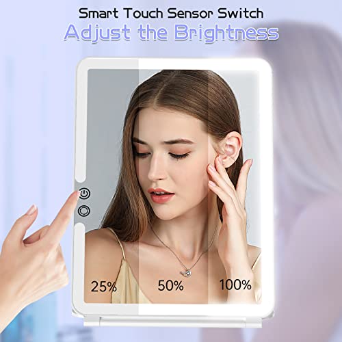 FUNTOUCH 1800mAh Rechargeable Large Travel Makeup Mirror, 10x7.5 Portable Lighted Makeup Mirror with 10X Magnifying Mirror 3 Color Lights, Touch Screen Dimming Folding Light Up Mirror for Travel