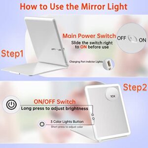 FUNTOUCH 1800mAh Rechargeable Large Travel Makeup Mirror, 10x7.5 Portable Lighted Makeup Mirror with 10X Magnifying Mirror 3 Color Lights, Touch Screen Dimming Folding Light Up Mirror for Travel