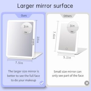 FUNTOUCH 1800mAh Rechargeable Large Travel Makeup Mirror, 10x7.5 Portable Lighted Makeup Mirror with 10X Magnifying Mirror 3 Color Lights, Touch Screen Dimming Folding Light Up Mirror for Travel