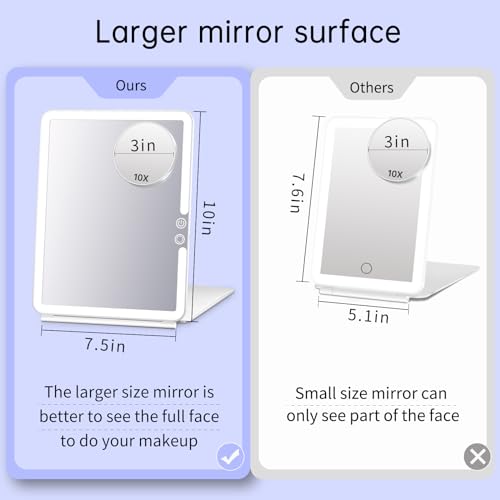 FUNTOUCH 1800mAh Rechargeable Large Travel Makeup Mirror, 10x7.5 Portable Lighted Makeup Mirror with 10X Magnifying Mirror 3 Color Lights, Touch Screen Dimming Folding Light Up Mirror for Travel