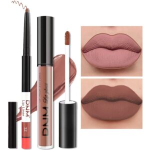 amy's diary 2pcs nude matte brown lip liner and lipstick makeup set, liquid lipstick 24h and lip liner set matt lips make up waterproof long lasting lipstick matte kit (#32)