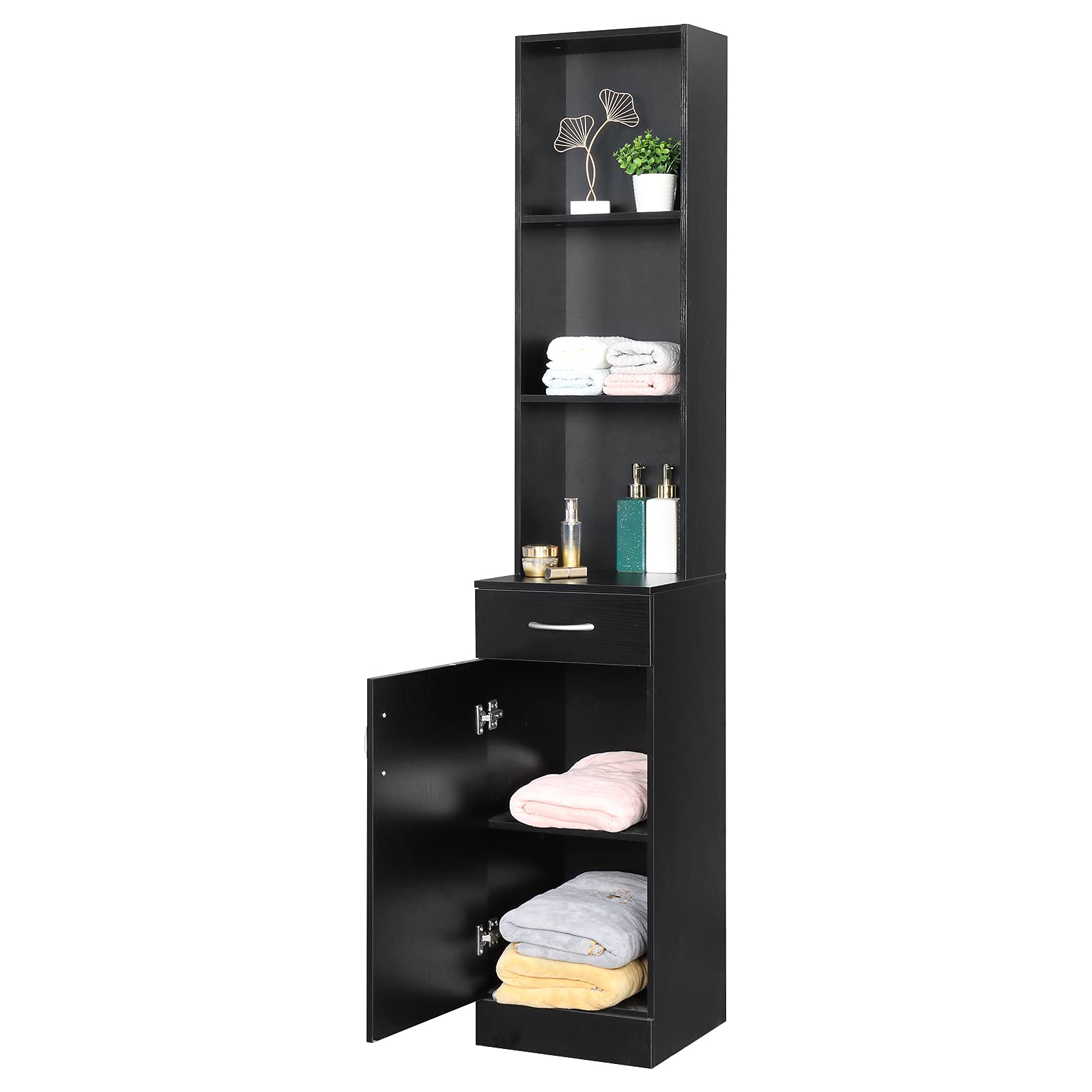 Karl home 70" Tall Bathroom Storage Cabinet Narrow Floor Cabinet Free Standing Tower Cabinet with 3 Open Shelves, 1 Drawer & 1 Compartment, for Bathroom, Living Room, Home, Black