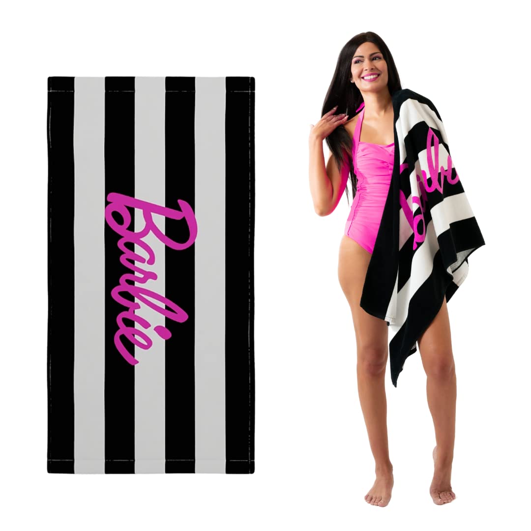 Franco Barbie Barbiecore Black & White Striped Soft Cotton Bath/Pool/Beach Towel, 60 in x 30 in, (Official Licensed Barbie Product)