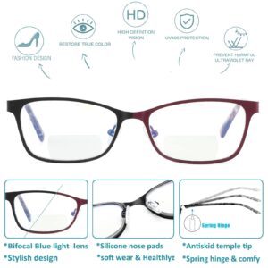 Bifocal Reading Glasses Women Cateye Blue Light Blocking Reader Stylish Clear Upper Computer Designer Small Frame Cute Ladies Cheater Red Eyeglasses Fashion Lined Metal Farsighted Spectacle +2.25