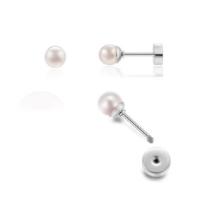 Small Pearl Stud Earrings Flat Screw Back,Silver Flatback Pearl Cartilage Helix Tragus Earrings 316L Surgical Stainess Steel Jewelry for Women Toddlers (5mm Pearl,Silver)