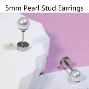 Small Pearl Stud Earrings Flat Screw Back,Silver Flatback Pearl Cartilage Helix Tragus Earrings 316L Surgical Stainess Steel Jewelry for Women Toddlers (5mm Pearl,Silver)