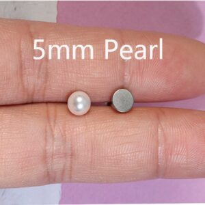 Small Pearl Stud Earrings Flat Screw Back,Silver Flatback Pearl Cartilage Helix Tragus Earrings 316L Surgical Stainess Steel Jewelry for Women Toddlers (5mm Pearl,Silver)