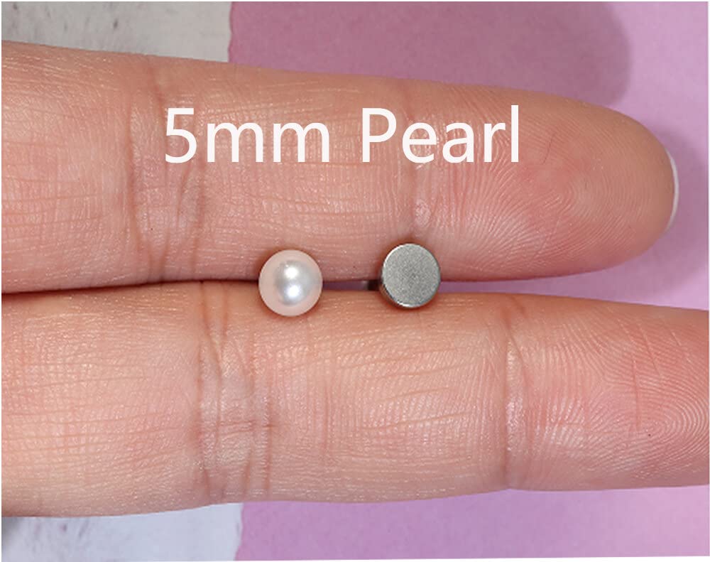 Small Pearl Stud Earrings Flat Screw Back,Silver Flatback Pearl Cartilage Helix Tragus Earrings 316L Surgical Stainess Steel Jewelry for Women Toddlers (5mm Pearl,Silver)