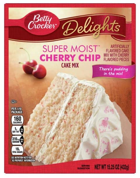 (Pack of 4) Betty-Crocker Super Moist Cherry Chip Cake Mix, 13.25 oz (Miras Trademark 2-in-1 Measuring Spoon Included!)