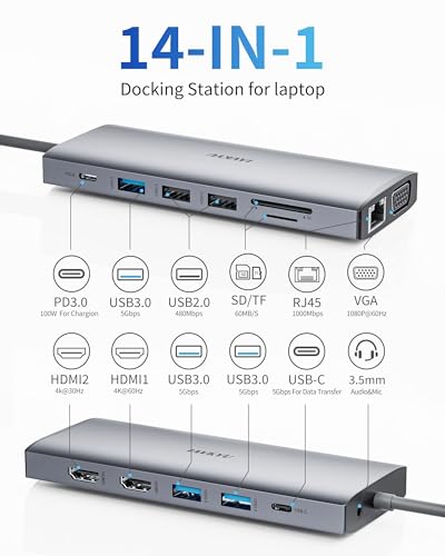 Docking Station 3 Monitors for Windows Laptop, USB C Docking Station with Dual HDMI 4K 60Hz, 1 VGA, 5 USB-A, 100W PD, Ethernet, Mic/Audio, SD/TF, USB Hub for Laptop for Dell XPS/HP/Lenovo/Surface