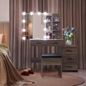 Karl home Lighted Vanity Desk with Sliding Mirror Modern Makeup Vanity Table with Charging Station, 5 Drawers, Storage Shelves, Cushioned Stool, LED Dressing Table Set for Women, Gray