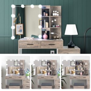 Karl home Lighted Vanity Desk with Sliding Mirror Modern Makeup Vanity Table with Charging Station, 5 Drawers, Storage Shelves, Cushioned Stool, LED Dressing Table Set for Women, Gray