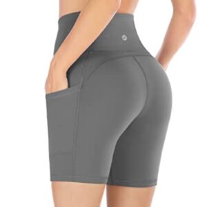 Ewedoos Biker Shorts Women Tummy Control Workout Shorts with 3 Pockets High Waisted Compression Gym Running Yoga Shorts Women Gray