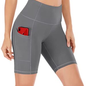 Ewedoos Biker Shorts Women Tummy Control Workout Shorts with 3 Pockets High Waisted Compression Gym Running Yoga Shorts Women Gray